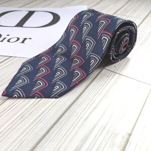 Christian Dior Vintage Geometric Silk Necktie in Slate Blue and Gray